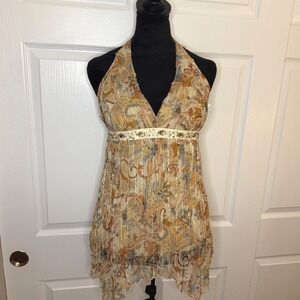 Women's VTG Sequin Embellished Halter Top Y2K Open Back Asymmetrical SZ S